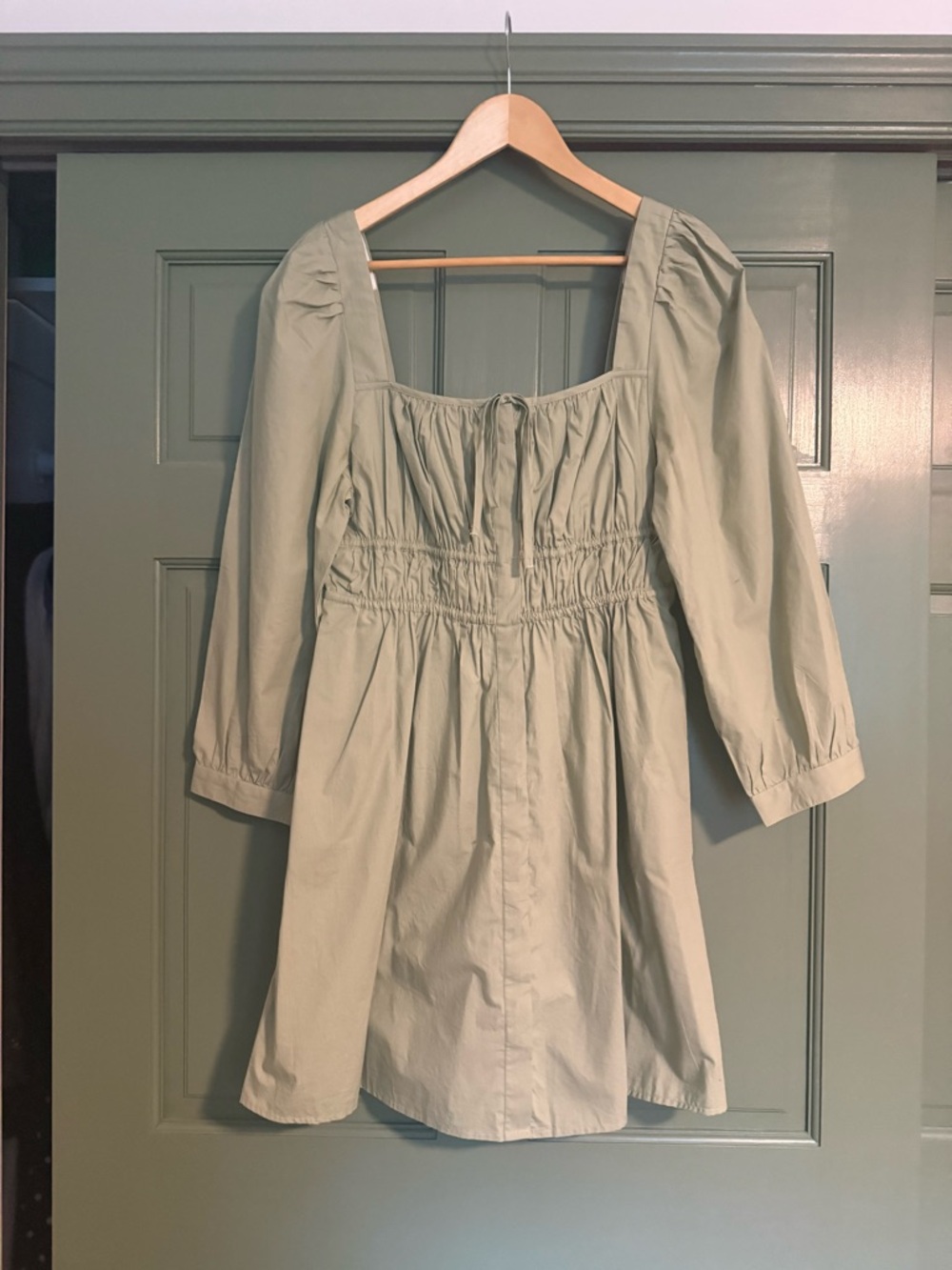 J. Crew Sage Green Square-Neck Puff Sleeve Dress